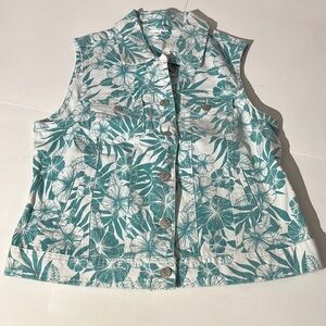 Roz & Ali white denim floral vest cotton blend XL turquoise NEW! summer spring